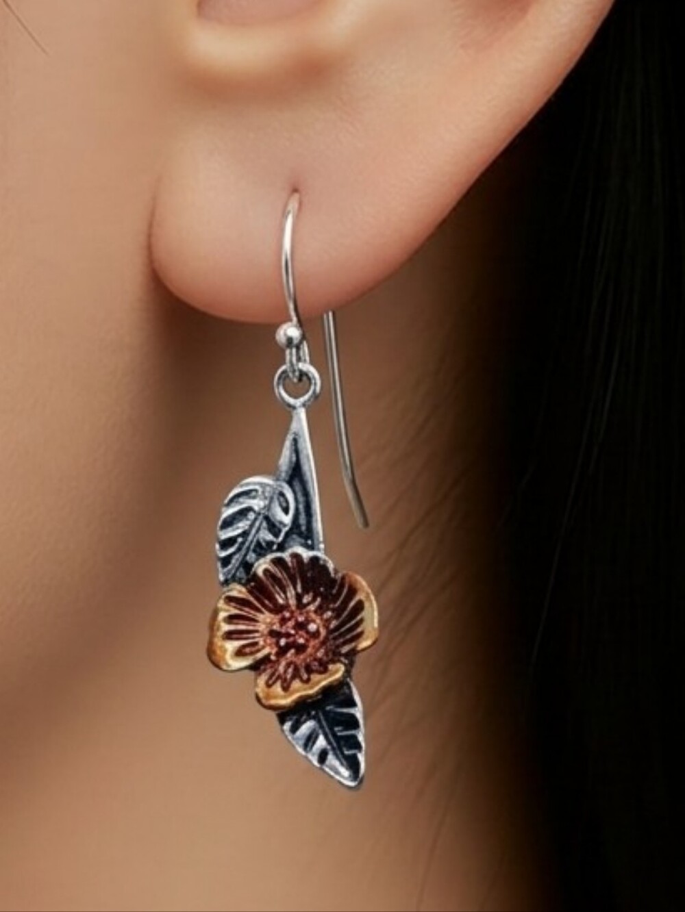 Two-Tone Tropical Floral Leaf Dangle Earrings – Silver & Rose Gold Jewelry NWT